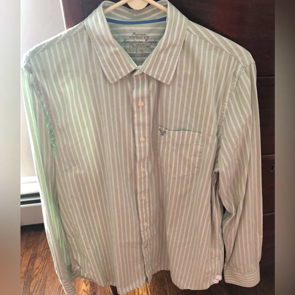 American Eagle Outfitters Mint and White Striped Men's Button-Down Shirt